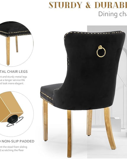 SoarFlash Velvet Dining Chair Set of 2, Upholstered Tufted Dining Room Chair with Nailhead Trim and Solid Gold Plated Leg for Kitchen (Black)