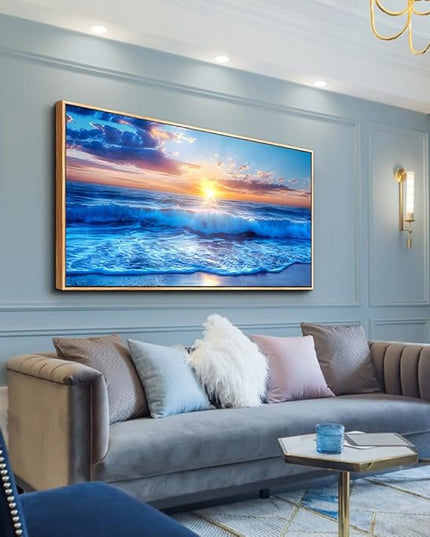 Wapluam Wood Framed Canvas Wall Painting - Large Wall Art For Living Room, Bedroom, Office Decor - Blue Sea Wave Pictures - Modern Beach Seascape Posters
