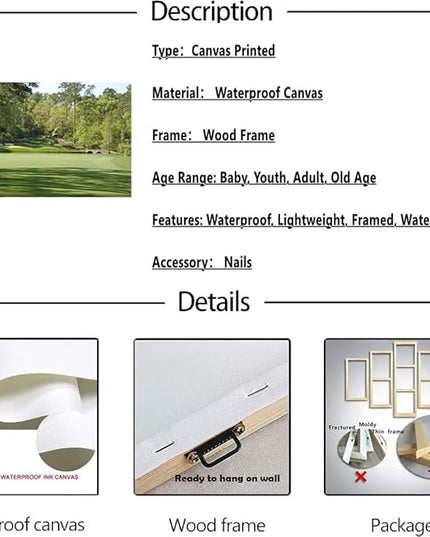 Augusta National Golf Course Wall Art for Living Room Bedroom Bathroom Home Decorations - Augusta Golf Course Picture Poster Framed Artwork Canvas Prints Ready to Hang(28''H x 44''W)