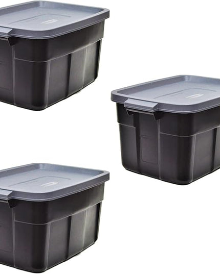 Rubbermaid Garage Storage Bins Black Plastic Stackable Storage with 3-Pack 31 GAL Capacity, Totes for Storage Home Organization Durable - Heavy Duty (31 GAL - 3 Pack Solid Black and Grey)