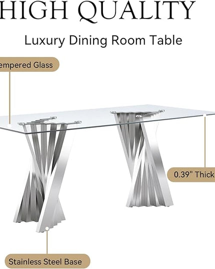 70" Glass Dining Table for 6, Modern Tempered Glass Kitchen Table, Rectangular Dining Room Table with Silver Stainless Steel Base Dinner Tables for Kitchen Home Office