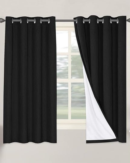 H.VERSAILTEX Linen Blackout Curtains 63 Inches Long 100% Blackout Thermal Insulated Textured Linen Look Curtain Draperies Anti-Rust Grommet, Energy Saving with White Liner, 2 Panels, Black