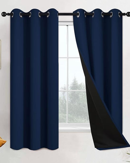 Yakamok 100% Blackout Lined Pair Curtains for Bedroom, Window Treatment Thermal Insulated Soundproof Drapes for Living Room(42Wx63L,Navy Blue, 2 Panels)