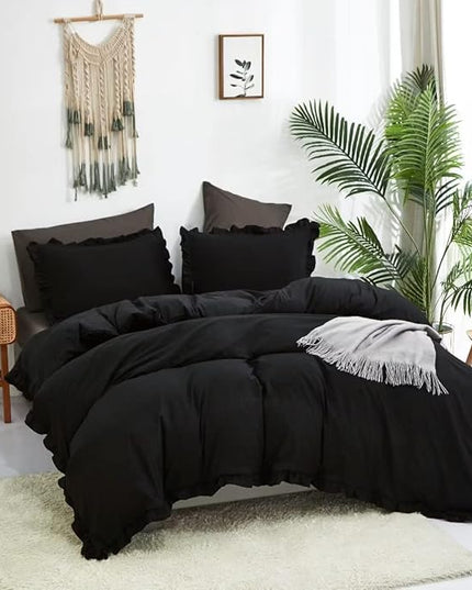 CLOTHKNOW Black Ruffles California King Comforter Set Farmhouse Bedding Comforter Sets Boho Comforter Shabby Chic Comforter with 2 x Pillow Cases
