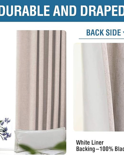H.VERSAILTEX 100% Blackout Curtains for Bedroom 63 Inches Long Grommet Linen Face Full Light Blocking Curtain Drapes for Living Room Thermal Linen Look Curtains 2 Panels Set, 52" W x 63" L, Natural