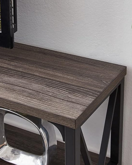 LVB Rustic Console Table, Industrial Modern Sofa Table Behind Couch, Long Metal Wood Entryway Table with Storage Shelf, Farmhouse Foyer Hallway Table for Home Living Room Bedroom, Dark Gray Oak, 63 in