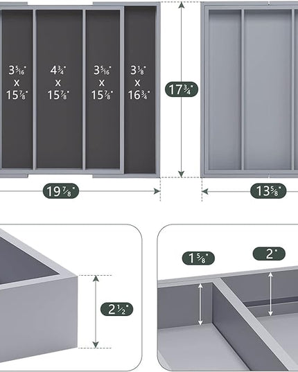 Large Kitchen Utensil Drawer Organizer - Expandable 5 Slots Cooking Utensil Organizer Multipurpose Silverware Organizer for Storage Repair Tools, Painting Tools W13.7"-19.9" x L17.6" X H2.5" (Grey)