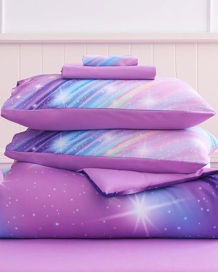 Rainbow Bedding Set Twin Size – 7 Piece Reversible Girls Comforter with Deep-Pocket Sheet, Gradient Galaxy Design, Whole-Piece Filling, Machine Washable Bed-in-a-Bag for Kids Room Makeover & Gifts