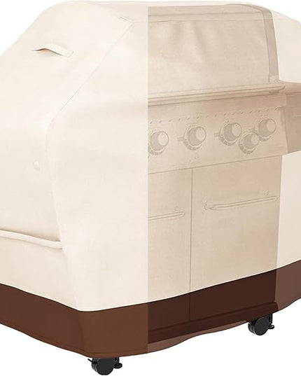 Tuyeho Grill Cover 58 x 24 x 46 inch, 600D Heavy Duty Gas BBQ Cover w/Side Fasteners Straps, Waterproof & Weather Resistant for Your Weber, Char-Broil, Brinkmann, Holland, Jenn Air (Beige & Brown)