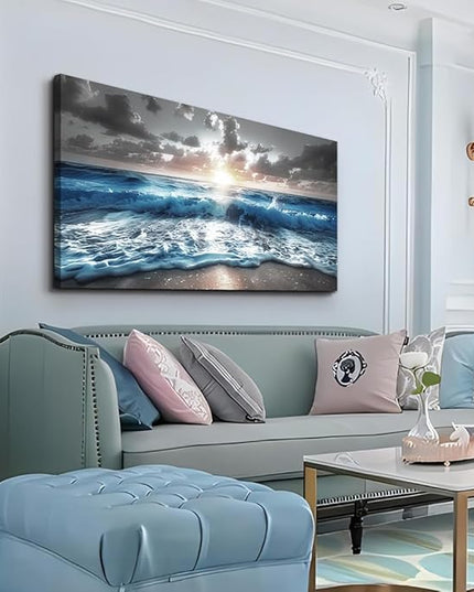 hyidecorart Blue Sea Waves Wall Pictures Framed Wall Art For Living Room Canvas Wall Decor For Office Sunshine Beach Painting Bedroom Home Decorations Prints Posters Mural Artwork Ready To Hang