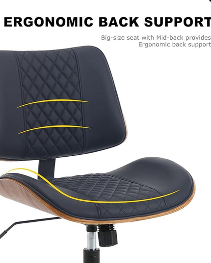 BV Small Desk Chair, Mid Century Office Chair with Bentwood Back, Armless Task Swivel Chair with Wheels, Mid Back No Arms, Faux Leather Office Chairs for Small Space, Black