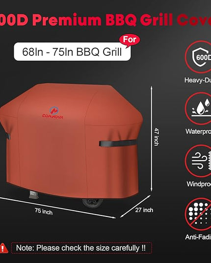 Comnova Grill Cover 75 Inch - 600D BBQ Cover for Outdoor Grill Heavy Duty and Waterproof, Large Barbecue Gas Grill Covers for Weber, Char-Broil, Nexgrill, Monument, Dyna-glo, Brinkmann and More