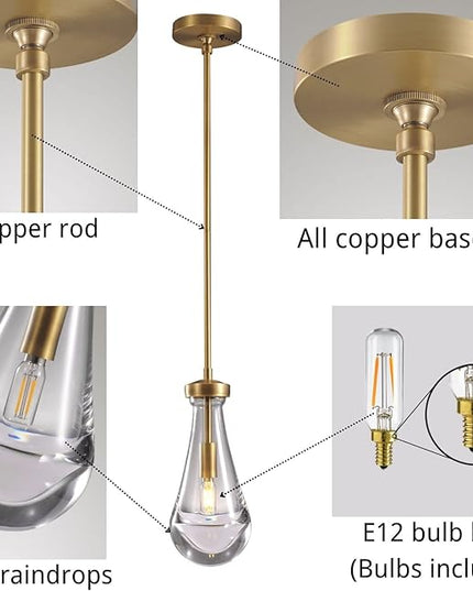 Modern Raindrop Pendant Lights, Pendant Lights for Kitchen Island, Brass Rod Dining Room Light Fixture， Clear Solid Raindrop Chandelier, Chandelier for Living Room Hallway, Including Bulb