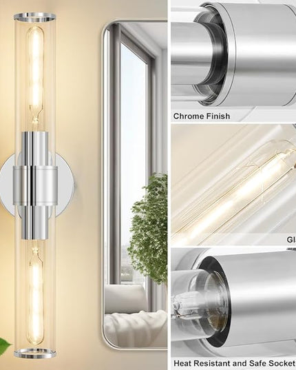 Chrome Wall Sconce, Bathroom Light Fixtures in Clear Glass Indoor Wall Sconces, Modern Sconce Wall Lighting Up and Down Vanity Lights Fixtures for Bathroom,Living Room - Bulb Not Included