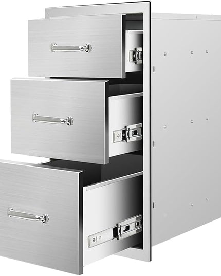 Outdoor Kitchen Drawers 20" W x 27" H x 23" D Flush Mount Triple BBQ Drawers with Chrome Handle Stainless Steel Drawer for Outdoor Kitchen Island, Patio Grill Station