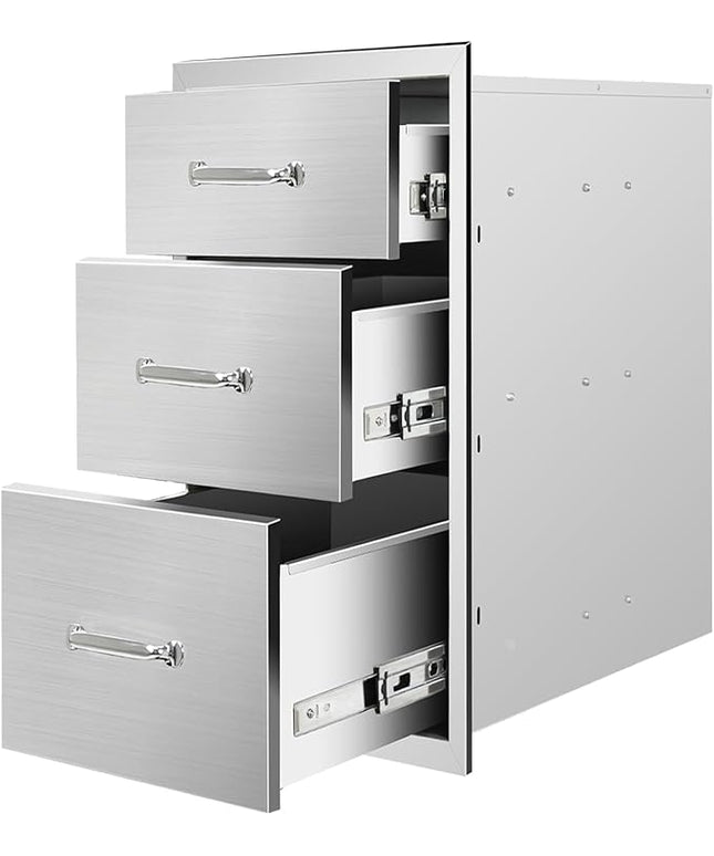 Outdoor Kitchen Drawers 20" W x 27" H x 23" D Flush Mount Triple BBQ Drawers with Chrome Handle Stainless Steel Drawer for Outdoor Kitchen Island, Patio Grill Station
