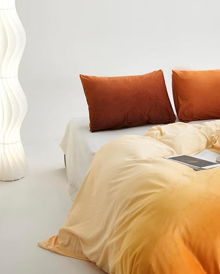 Luxlovery Sunset Orange Velvet Comforter Queen Women Fluffy Plush Gradient Color Bedding Set Orange Brown Yellow Blanket Quilts Warm Comforter Set Adults Teens