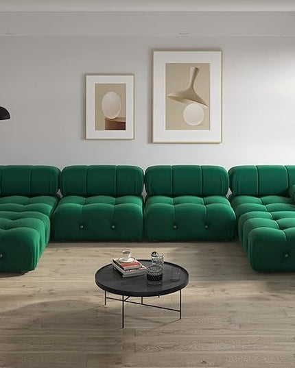 JACH 138" Convertible Modular Sectional Couch, U-Shaped Minimalist Velvet Sofas, Mid-Century Modern Comfy Sectional Couches with Chaise Ottomans for Living Room Office Apartment (Green)