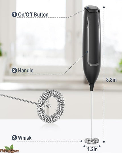 Milk Frother Handheld Battery, Electric Foam Maker Frother Wand, Drink Mixer with Stainless Steel Whisk for Coffee, Matcha, Lattes, Cappuccino Black