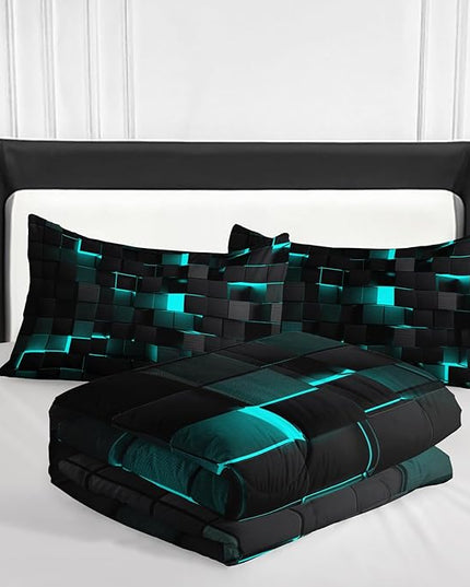Geometric Turquoise Black Comforter Set,Light Honeycomb 3 Piece Bedding Set Full Size for Teen Boys,Modern Quilt Set Geometry Decor,Microfiber Lightweight 1 Comforter 2 Pillowcases All Season