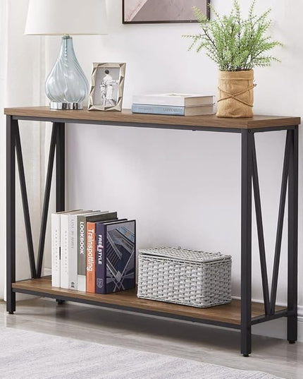 FOLUBAN Rustic Sofa Console Table, 2-Tier Industrial Entryway Hallway Table for Living Room, Oak