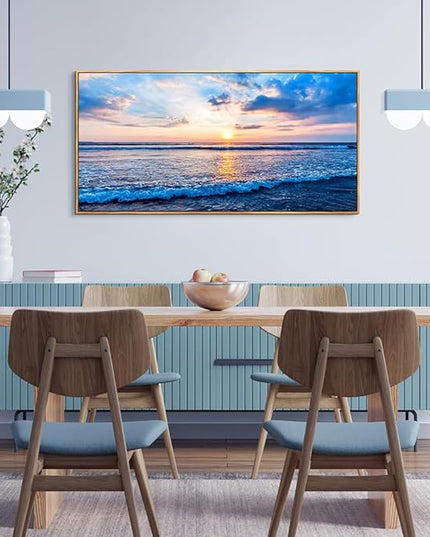 Wapluam Large Canvas Wall Art For Living Room Wall Decor For Office Blue Beach Painting Ocean Sea Waves Wood Framed Wall Pictures Ready To Hang Bedroom Home Decorations Prints Posters Mural Artwork