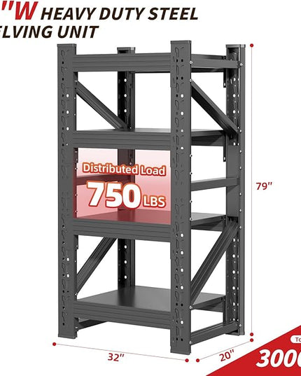 32" W Garage Shelving,4-Tier Heavy Duty Storage Shelves Unit with Adjustable Metal Shelf for Warehouse,Basement,Workshop,3200LBS,32" W x 20" D x 79" H,Black