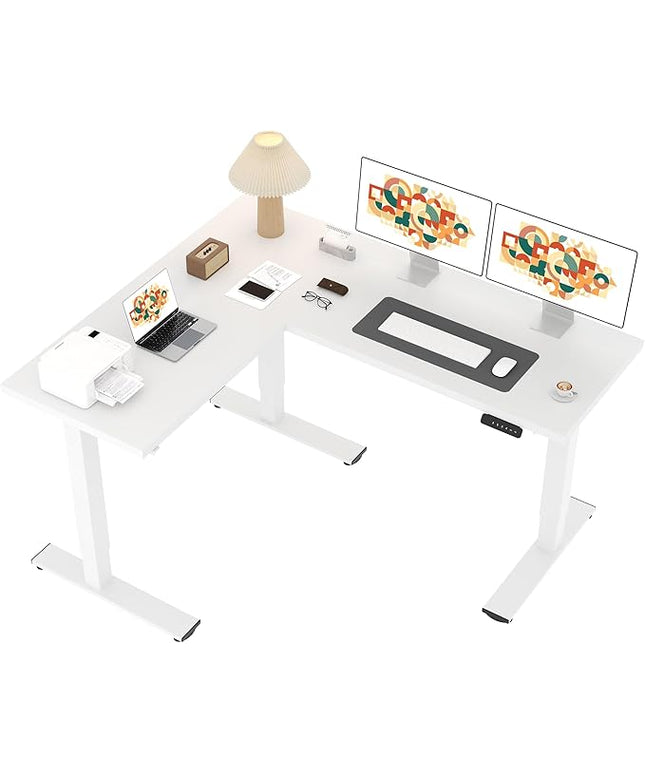 SANODESK L Shaped Standing Desk Adjustable Height, Electric Corner Standing Desk, 63 x 55 inch Sit Stand Computer Table with Splice Board, White