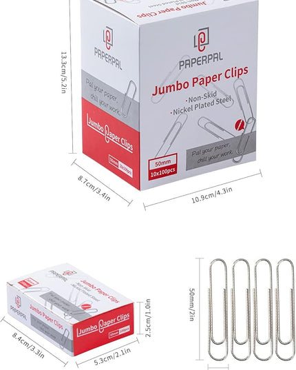 PAPERPAL Paperclips for Office School & Personal Use, Jumbo Nonskid Paper Clip (2"), 1000 Large Paper Clips (10 Boxes of 100 Each), Silver