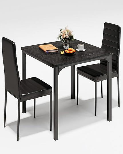 Gizoon Kitchen Table for 2, Table and Chairs Set of 2, 3 Piece Dinner Table Set with 2 Upholstered PU Leather Chairs for Dining Room, Living Room, Apartment, Small Space, Black