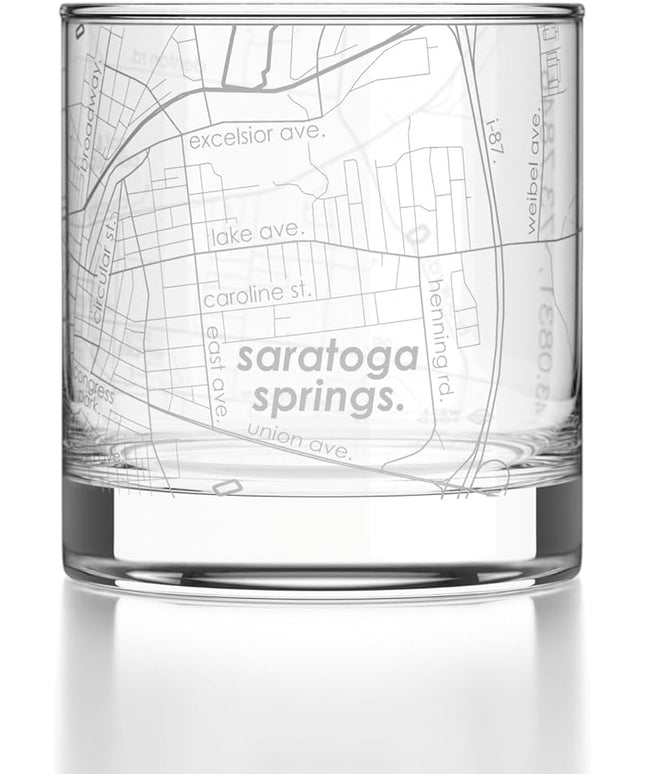 Well Told Engraved Saratoga Springs New York Map Rocks Glass, Old Fashioned Glassware (11 oz, Clear) Etched Bourbon Tumbler, Gifts For Whiskey Lovers
