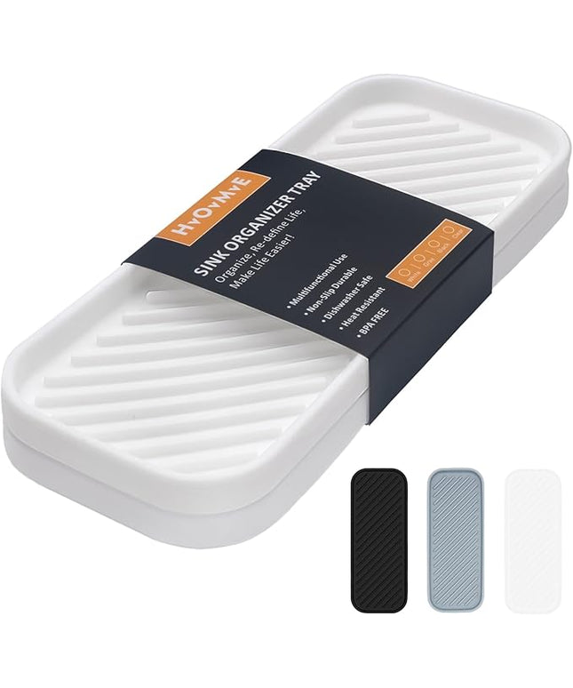 Silicone Organizer Tray, Soap and Sponge Holder for Kitchen Sink, Bathroom - Storage Tray for Dish Brush, Soap Dispenser, Dishwashing Accessories- 2 Pack (White)