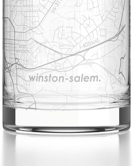 Well Told Engraved Winston-Salem North Carolina Map Rocks Glass, Old Fashioned Glassware (11 oz, Clear) Etched Bourbon Tumbler, Gifts For Whiskey Lovers