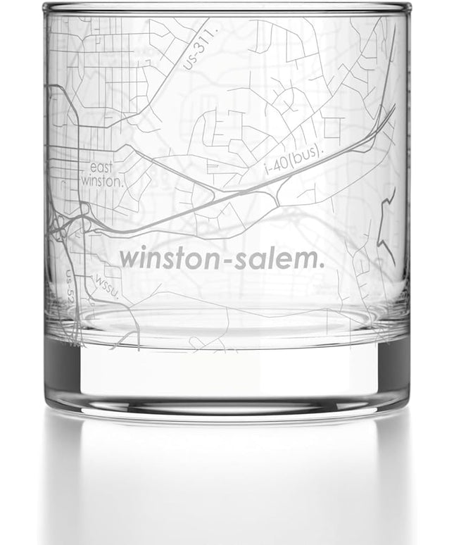 Well Told Engraved Winston-Salem North Carolina Map Rocks Glass, Old Fashioned Glassware (11 oz, Clear) Etched Bourbon Tumbler, Gifts For Whiskey Lovers