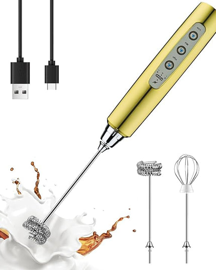 YUSWKO Champagne Gold Handheld Milk Frother Wand for Coffee, Rechargeable Electric Whisk with 3 Heads 3 Speeds Drink Mixer Coffee Frother For Latte, Cappuccino, Hot Chocolate, Egg
