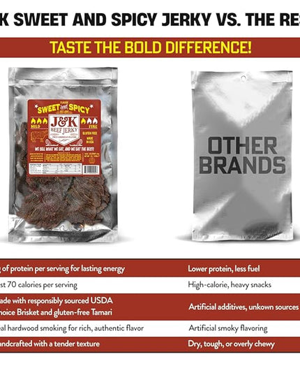 J&K Sweet and Spicy Beef Jerky - Hand Crafted Small Batch American Made Slab Beef Jerky - Bold & Flavorful Snack! - 7oz Big Bag