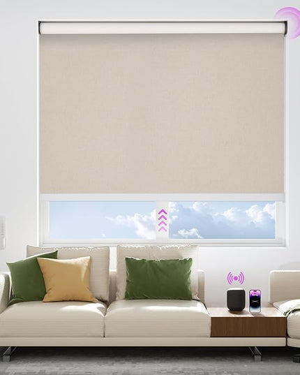 Astomi Motorized Blinds with Remote - Blackout Smart Roller Shades Compatible with Alexa & Goggle Home, Solar Rechargeable, Custom Size 22" - 100" for Indoor Window, Linen