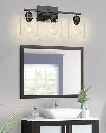 Modern 3 Light Bathroom Light Fixtures, 19 inch Black Vanity Lights For Bathroom With Clear Glass, Bathroom Lighting Fixtures Over Mirror For Mirror Kitchen Living Room Hallway Cabinet Porch