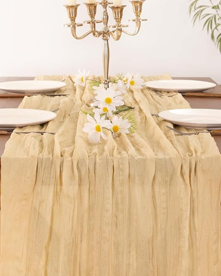 Socomi 3pcs Gold Champagne Cheesecloth Table Runner Christmas Boho Rustic Gauze 120 inch 10FT Cheese Cloth Runner for Wedding Party Baby Shower Birthday Home Decor Holiday Decorations