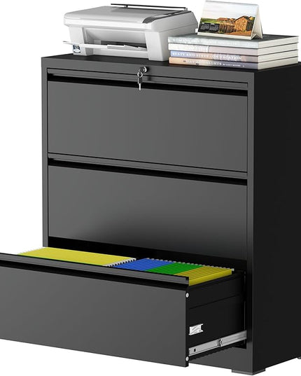 3 Drawer Lateral File Cabinet with Lock, Lateral File Cabinets for Home Office, Metal File Cabinet, Heavy Duty File Storage Cabinet for Legal/Letter/A4 Document, Assembly Required, Black