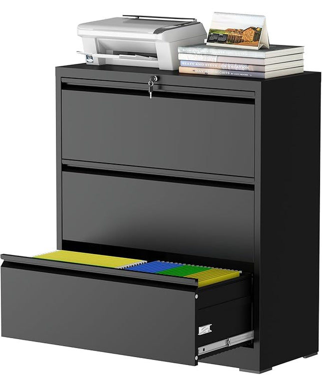 3 Drawer Lateral File Cabinet with Lock, Lateral File Cabinets for Home Office, Metal File Cabinet, Heavy Duty File Storage Cabinet for Legal/Letter/A4 Document, Assembly Required, Black