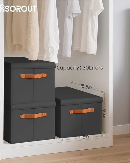 Storage Bins with Lids - Large Fabric Closet Bins with Lid, 8 Pack Clothes Organizers and Storage, Collapsible Stackable Cube Basket for Home, Office, Dorm, Black