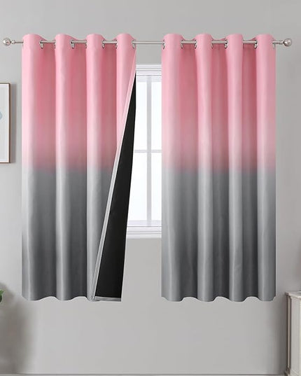 Estelar Textiler Pink and Grey Ombre Blackout Curtains for Bedroom 63 Inch Length 2 Panels Set, Room Darkening Thermal Insulated Grommet Window Curtains and Drapes for Living Room, 52Wx63L