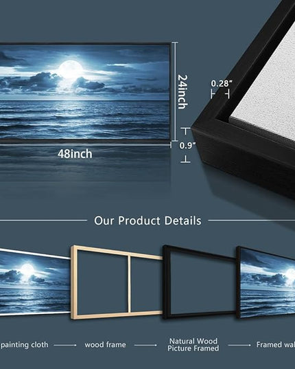 Black Framed Wall Art For Living Room Decorations Photo Prints - Blue Sea View The Moon Landscape - Modern Home Decor The Room Stretched And Framed Ready To Hang Artwork (Blue Ocean&Moon, 24x 48inch)