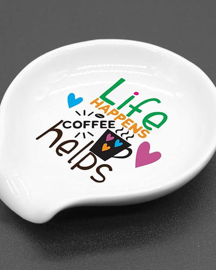 Funny Coffee Quote Colored Pattern Ceramic Coffee Spoon Holder-Coffee Spoon Rest -Coffee Station Decor Coffee Bar Accessories-Coffee Lovers Gift for Women and Men (Life Happens Coffee Helps)