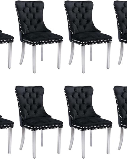 SoarFlash Velvet Dining Chair Set of 8, Upholstered Tufted Dining Room Chair with Nailhead Trim and Solid Silver Plated Leg for Kitchen (Black)