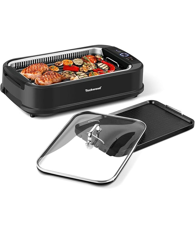 Techwood Indoor Grill Smokeless Grill, Electric Korean BBQ Grill with Glass Lid, Turbo Smoke Extractor Technology, Dishwasher-Safe Drip Tray & Nonstick Grilling Removable Plate, Black, 1500W
