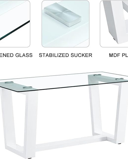 Ebullient Glass Dining Table Set for 4, Modern Dining Table Set for 4, Tempered Glass Tabletop with White MDF Trapezoid Legs, Rectangle Kitchen Table with 4 Faux Leather Chairs for Home Apartment