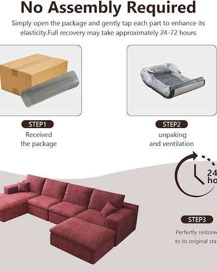 136.6'' U-Shaped Modern Modular Sectional Cloud Couch Whit Ottoman, 4-Seat Chenille Deep-Seat Sofa with Pillow for Living Room, Bedroom, Apartment, Wine Red