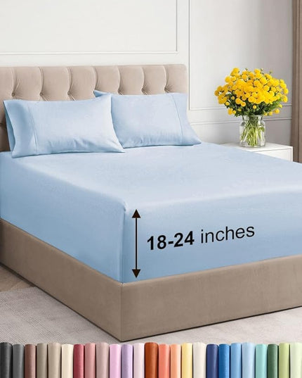 Extra Deep Twin XL Sheet Set - 4 Piece Breathable & Cooling Sheets - Hotel Luxury Bed Sheets Set - Easy & Secure Fit - Soft, Wrinkle Free & Comfy Sheets Set - Sky Blue Sheet Set w/Extra Deep Pockets